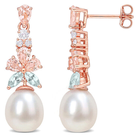 Original AMOUR Morganite, White Topaz and Aquamarine and 8.5 - 9 Mm White Cultured Freshwater Pearl Drop Earrings In Rose Plated Sterling Silver