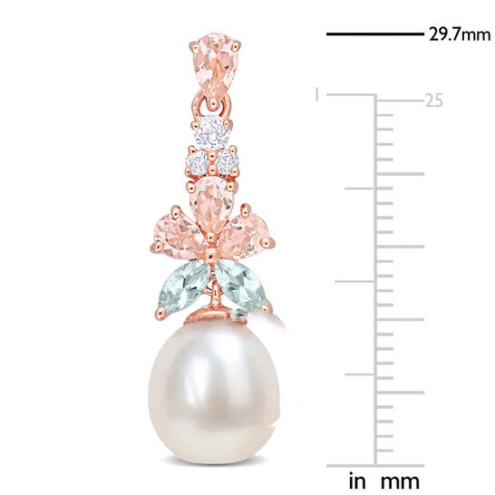 Original AMOUR Morganite, White Topaz and Aquamarine and 8.5 - 9 Mm White Cultured Freshwater Pearl Drop Earrings In Rose Plated Sterling Silver