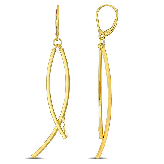 Original AMOUR Open Crossover Design Hanging Earrings On Leverback In 10K Yellow Gold