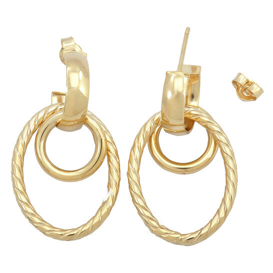 Original AMOUR Open Huggie Hoop with Open Circle & Oval Drop Earrings In 14K Yellow Gold