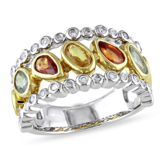 Original Amour Pear and Oval Shaped Green, Orange and Yellow Sapphire Ring with 1/4 CT TW Diamonds in 14k White and Yellow Gold