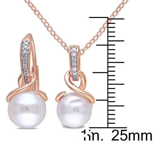 Original AMOUR 1/10 CT TW Diamond and 8 - 8.5 Mm Cultured Freshwater Pearl Swirl Leverback Earrings and Pendant with Chain 2-piece Set In Rose Silver