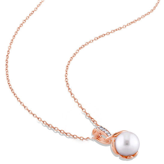 Original AMOUR 1/10 CT TW Diamond and 8 - 8.5 Mm Cultured Freshwater Pearl Swirl Leverback Earrings and Pendant with Chain 2-piece Set In Rose Silver