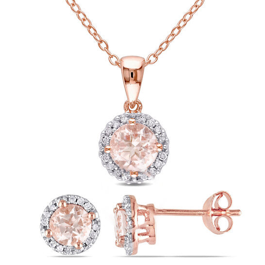 Original AMOUR 2-pc Set Of Morganite and 1/6 CT TW Diamond Halo Stud Earrings and Necklace In Rose Plated Sterling Silver