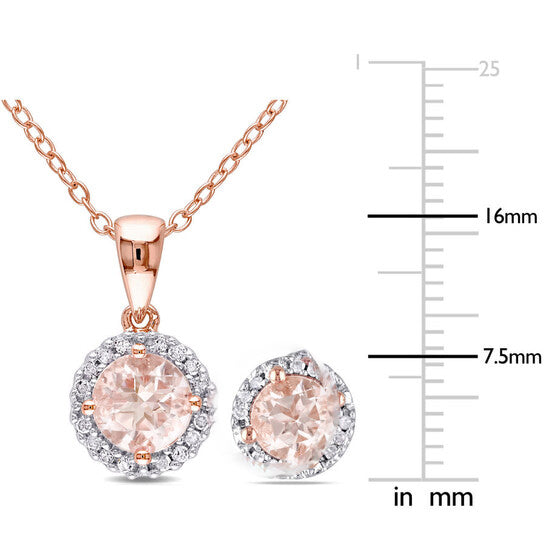 Original AMOUR 2-pc Set Of Morganite and 1/6 CT TW Diamond Halo Stud Earrings and Necklace In Rose Plated Sterling Silver