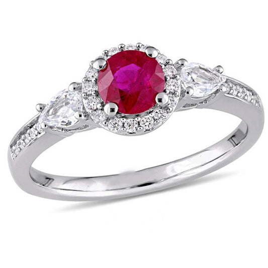 Original Amour Ruby & White Sapphire 3-Stone Ring with Diamond Halo & Accent in 14k White Gold