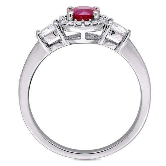 Original Amour Ruby & White Sapphire 3-Stone Ring with Diamond Halo & Accent in 14k White Gold