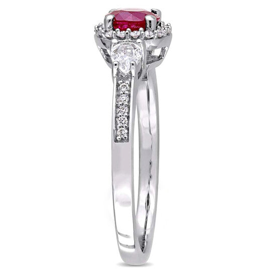 Original Amour Ruby & White Sapphire 3-Stone Ring with Diamond Halo & Accent in 14k White Gold