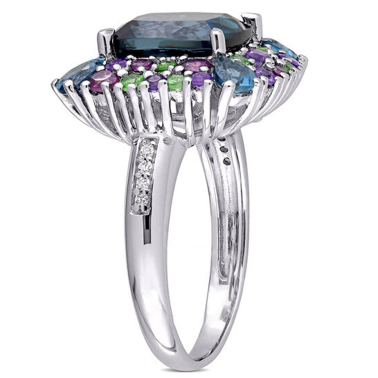 Original Amour Silver 0.04 CT Diamond TW And 5 4/5 CT TGW Blue Topaz - London Rhodolite Amethyst Tsavorite Fashion Ring