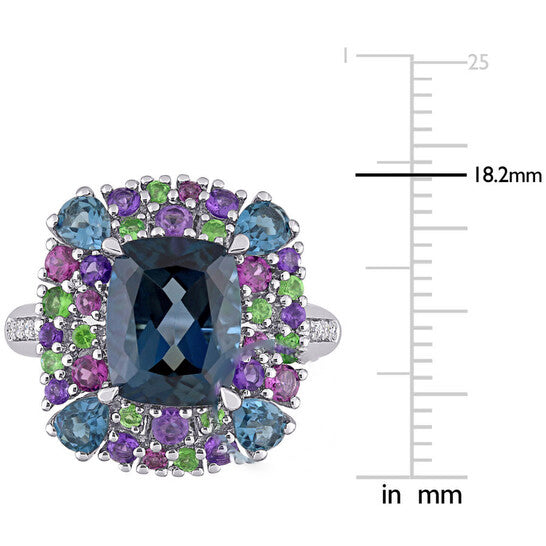 Original Amour Silver 0.04 CT Diamond TW And 5 4/5 CT TGW Blue Topaz - London Rhodolite Amethyst Tsavorite Fashion Ring