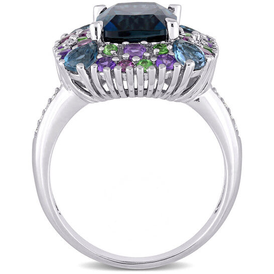 Original Amour Silver 0.04 CT Diamond TW And 5 4/5 CT TGW Blue Topaz - London Rhodolite Amethyst Tsavorite Fashion Ring