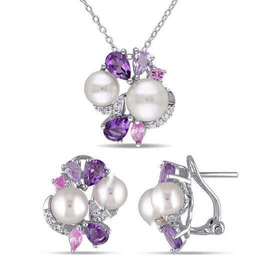 Original AMOUR 2 -pc Set Of 4 CT TGW Created White and Pink Sapphire, Amethyst, Rose De France and Cultured Freshwater Pearl Cluster Earrings and Pendant with