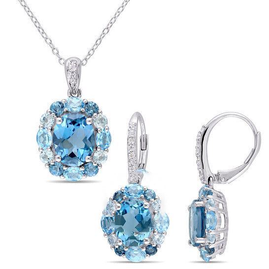 Original AMOUR 2-pc Set Of 13 1/5 CT TGW London, Swiss, Sky Blue and White Topaz Halo Leverback Earrings and Pendant with Chain In Sterling Silver