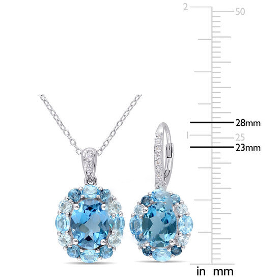 Original AMOUR 2-pc Set Of 13 1/5 CT TGW London, Swiss, Sky Blue and White Topaz Halo Leverback Earrings and Pendant with Chain In Sterling Silver