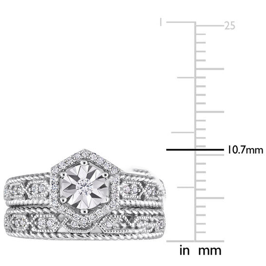 Original Amour Sterling Silver 1/4 CT TW Diamond Hexagon Halo Bridal Ring Set