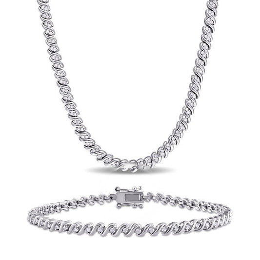 Original AMOUR 2-piece Set Of 1 1/2 CT TDW Diamond S-link Tennis Necklace and Bracelet In Sterling Silver