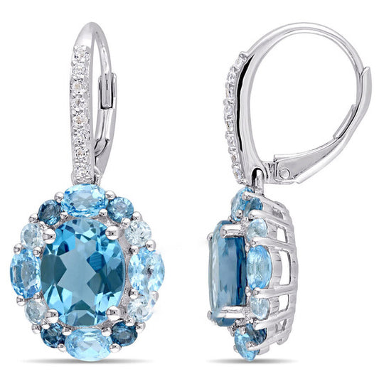 Original AMOUR 7 7/8 CT TGW London, Swiss, Sky Blue and White Topaz Leverback Floral Earrings In Sterling Silver