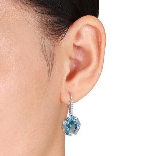 Original AMOUR 7 7/8 CT TGW London, Swiss, Sky Blue and White Topaz Leverback Floral Earrings In Sterling Silver