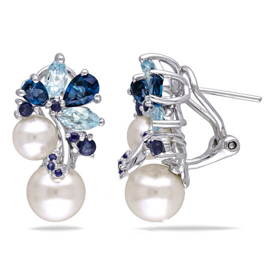 Original AMOUR 3 CT TGW London and Sky Blue Topaz, Sapphire and White Cultured Freshwater Pearl Cluster Earrings In Sterling Silver