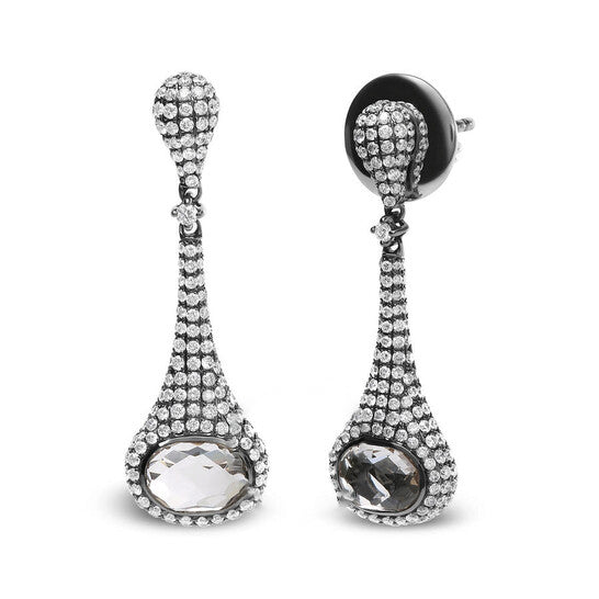 Original Black Rhodium Plated 18K White Gold 1 3/8 Cttw Round Diamonds and 8x6mm Oval White Quartz Gemstone Sculptural Drop and Dangle Earrings