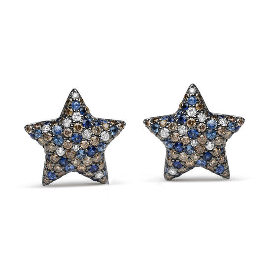 Original Black Rhodium Plated 18K White Gold 1.00 Cttw Diamond and Round Blue Sapphire Gemstone Micro-Pave Star Stud Earrings