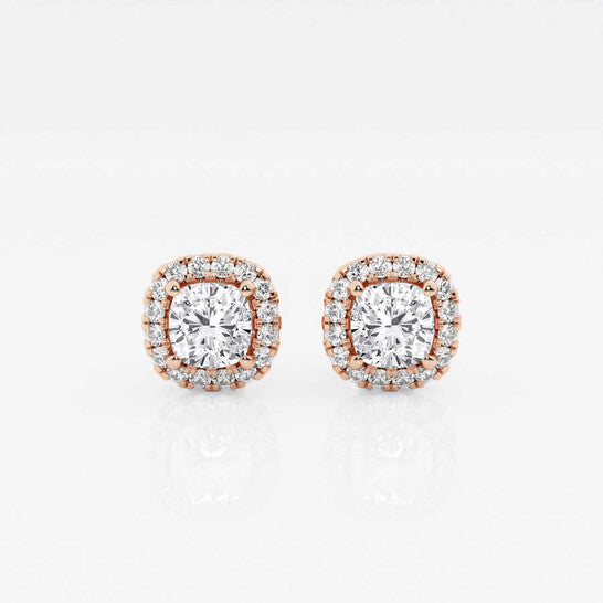 Original Brilliant Diamond 14KT Rose Gold 1 1/5 cttw Cushion-Cut Lab Grown Diamond Halo Stud Earrings for Women, G+/VS-SI, G+SI