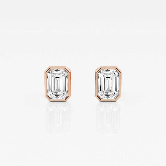 Original Brilliant Diamond 14KT Rose Gold 1 cttw Emerald-Cut Lab Grown Diamond Bezel Set Solitaire Stud Earrings for Women, G+/VS-SI