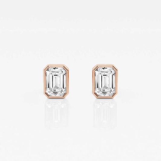 Original Brilliant Diamond 14KT Rose Gold 1 cttw Emerald-Cut Lab Grown Diamond Bezel Set Solitaire Stud Earrings for Women, G+/VS-SI