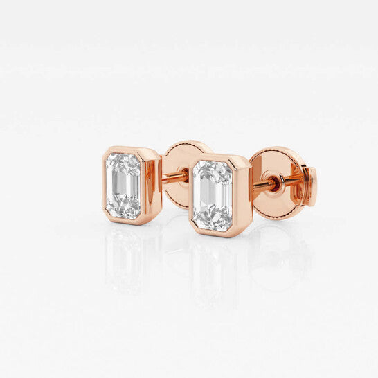 Original Brilliant Diamond 14KT Rose Gold 1 cttw Emerald-Cut Lab Grown Diamond Bezel Set Solitaire Stud Earrings for Women, G+/VS-SI