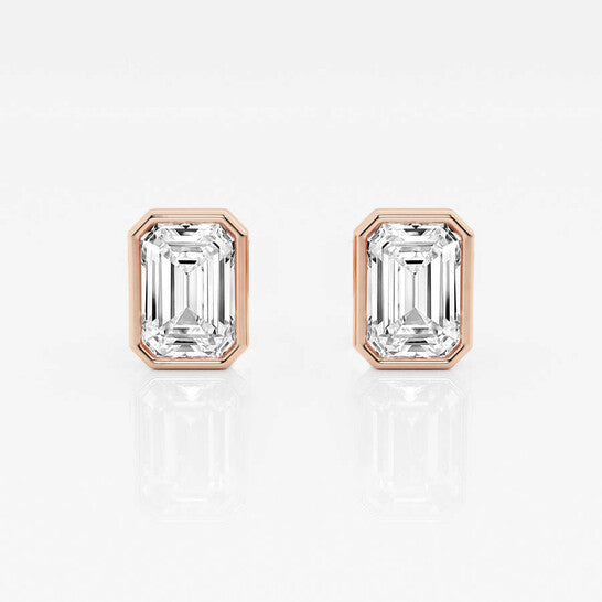 Original Brilliant Diamond 14KT Rose Gold 2 cttw Emerald-Cut Lab Grown Diamond Bezel Set Solitaire Stud Earrings for Women, FG/VS-SI