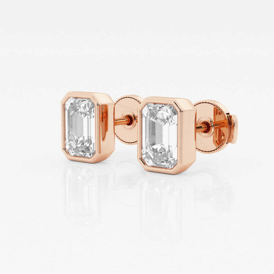 Original Brilliant Diamond 14KT Rose Gold 2 cttw Emerald-Cut Lab Grown Diamond Bezel Set Solitaire Stud Earrings for Women, FG/VS-SI