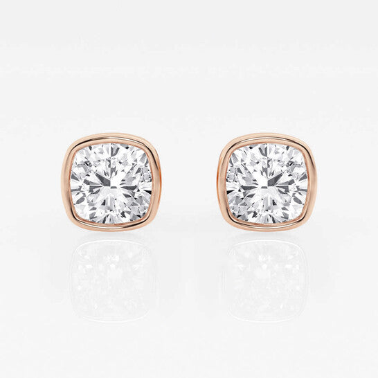 Original Brilliant Diamond 14KT Rose Gold 3 cttw Cushion-Cut Lab Grown Diamond Bezel Set Solitaire Stud Earrings for Women, FG/VS-SI