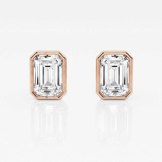 Original Brilliant Diamond 14KT Rose Gold 3 cttw Emerald-Cut Lab Grown Diamond Bezel Set Solitaire Stud Earrings for Women, FG/VS-SI