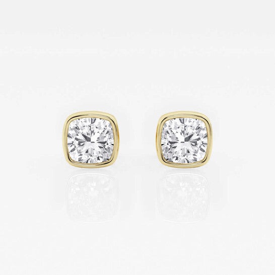 Original Brilliant Diamond 14KT Yellow Gold 1 1/2 cttw Cushion-Cut Lab Grown Diamond Bezel Set Solitaire Stud Earrings for Women, G+/VS-SI