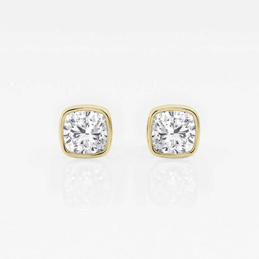 Original Brilliant Diamond 14KT Yellow Gold 1 1/2 cttw Cushion-Cut Lab Grown Diamond Bezel Set Solitaire Stud Earrings for Women, G+/VS-SI