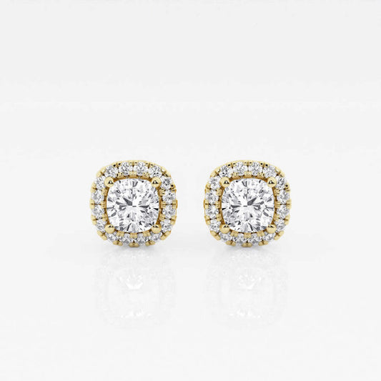 Original Brilliant Diamond 14KT Yellow Gold 1 1/5 cttw Cushion-Cut Lab Grown Diamond Halo Stud Earrings for Women, G+/VS-SI, G+SI