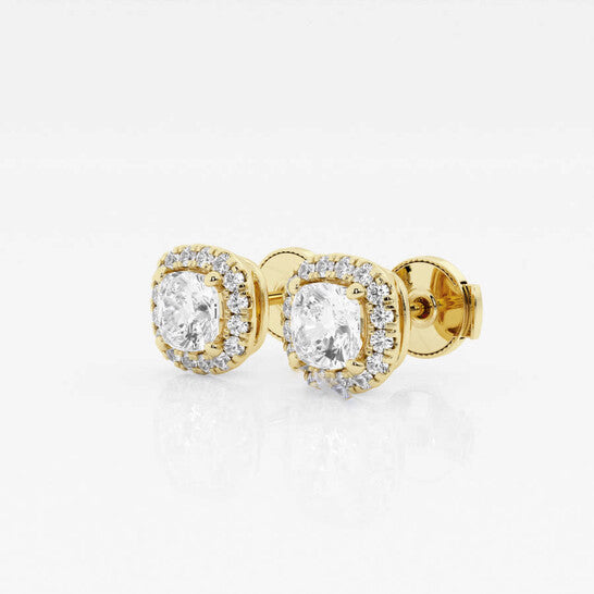 Original Brilliant Diamond 14KT Yellow Gold 1 1/5 cttw Cushion-Cut Lab Grown Diamond Halo Stud Earrings for Women, G+/VS-SI, G+SI