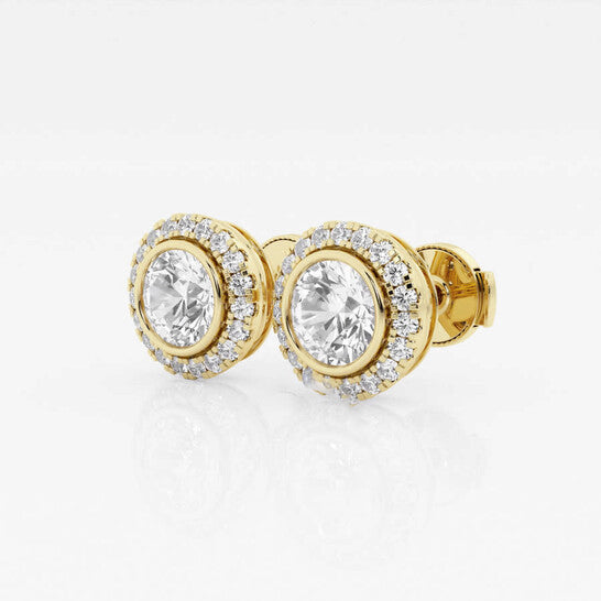 Original Brilliant Diamond 14KT Yellow Gold 1 3/4 cttw Round-Cut Lab Grown Diamond Bezel Set Halo Stud Earrings for Women, G+SI