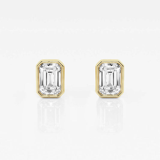 Original Brilliant Diamond 14KT Yellow Gold 1 cttw Emerald-Cut Lab Grown Diamond Bezel Set Solitaire Stud Earrings for Women, G+/VS-SI