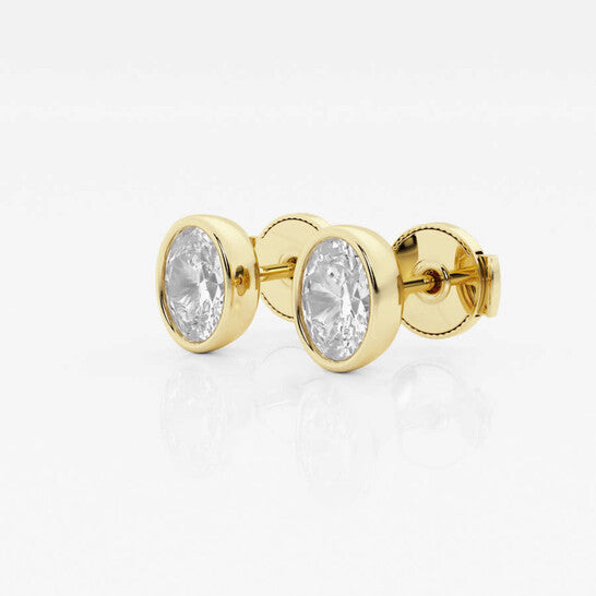 Original Brilliant Diamond 14KT Yellow Gold 1 cttw Oval-Cut Lab Grown Diamond Bezel Set Solitaire Stud Earrings for Women, G+/VS-SI