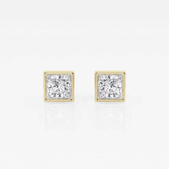 Original Brilliant Diamond 14KT Yellow Gold 1 cttw Princess-Cut Lab Grown Diamond Bezel Set Solitaire Stud Earrings for Women, G+/VS-SI