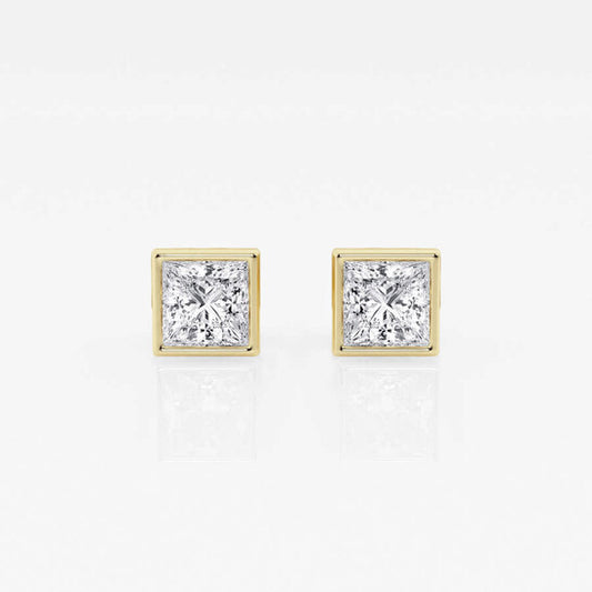 Original Brilliant Diamond 14KT Yellow Gold 1 cttw Princess-Cut Lab Grown Diamond Bezel Set Solitaire Stud Earrings for Women, G+/VS-SI