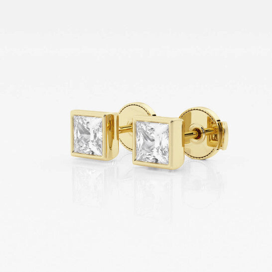 Original Brilliant Diamond 14KT Yellow Gold 1 cttw Princess-Cut Lab Grown Diamond Bezel Set Solitaire Stud Earrings for Women, G+/VS-SI