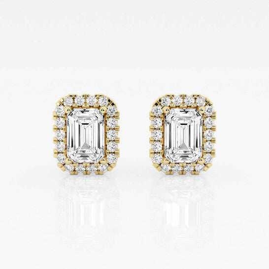 Original Brilliant Diamond 14KT Yellow Gold 2 1/3 cttw Emerald-Cut Lab Grown Diamond Halo Stud Earrings for Women, FG/VS-SI, G+SI