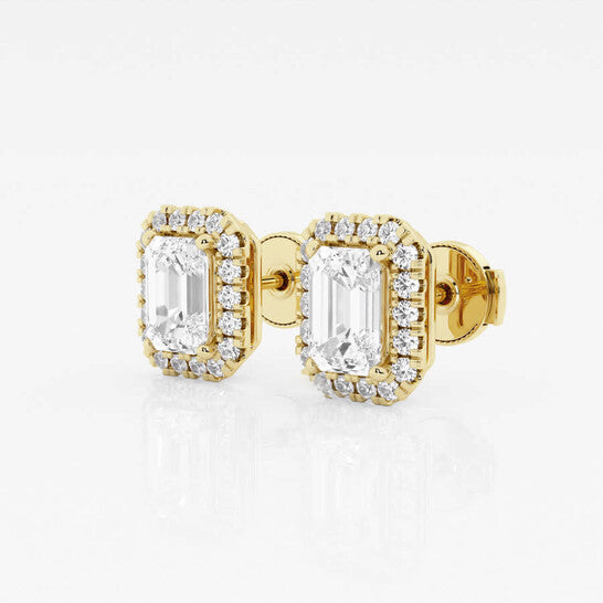 Original Brilliant Diamond 14KT Yellow Gold 2 1/3 cttw Emerald-Cut Lab Grown Diamond Halo Stud Earrings for Women, FG/VS-SI, G+SI