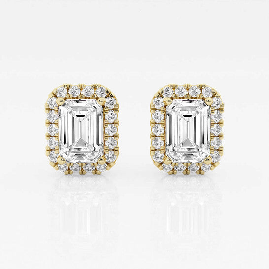 Original Brilliant Diamond 14KT Yellow Gold 3 1/2 cttw Emerald-Cut Lab Grown Diamond Halo Stud Earrings for Women, FG/VS-SI, G+SI