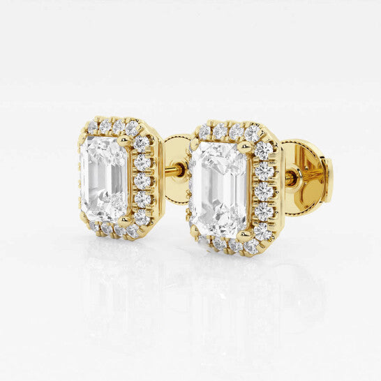 Original Brilliant Diamond 14KT Yellow Gold 3 1/2 cttw Emerald-Cut Lab Grown Diamond Halo Stud Earrings for Women, FG/VS-SI, G+SI