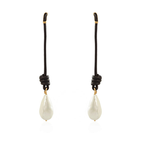 Original Burberry Faux Pearl Detail Knotted Leather Cord Drop Earrings