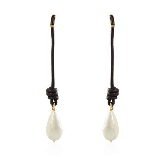 Original Burberry Faux Pearl Detail Knotted Leather Cord Drop Earrings