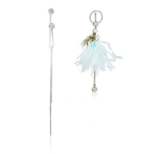 Original Burberry Ladies Asymmetrical Ostrich Feather and  Chain Drop Earrings